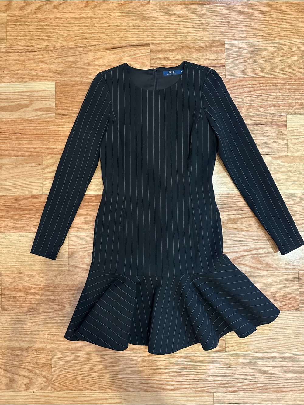Polo by Ralph Lauren Black White Pinstripe Long-Sleeve Peplum Work Dress Sz 4
